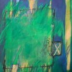 Adam und Eva durchschreiten das Tor aus dem Garten Eden heraus in eine andere, blau gezackte Welt, über der ein weiß-ockerfarbiger Mond steht.