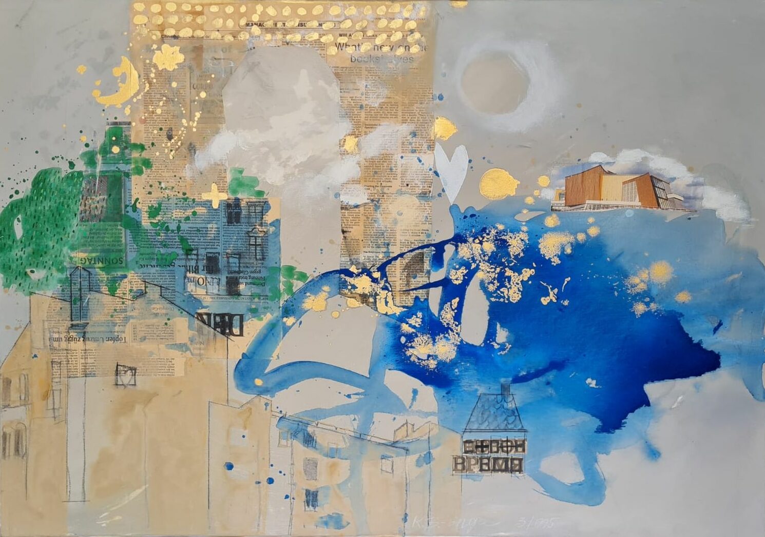 Berliner Philharmonie mit goldenem Tor, Häuser, Sterne und Mond