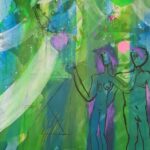 Adam und Eva verlassen den Garten Eden, das Paradies, wo ihnen von einer Taube ein Apfel entgegengehalten wird. Das Werk zeigt die Figuren in schwarzer Stiftzeichnung vor einem grün-blau gehaltenen Hintergrund, mit rosa- und lilafarbenen Akzenten.