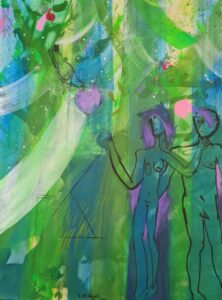 Adam und Eva verlassen den Garten Eden, das Paradies, wo ihnen von einer Taube ein Apfel entgegengehalten wird. Das Werk zeigt die Figuren in schwarzer Stiftzeichnung vor einem grün-blau gehaltenen Hintergrund, mit rosa- und lilafarbenen Akzenten.